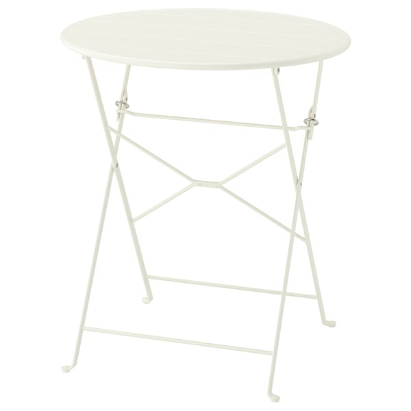 SUNDSÖ, table ronde pliante blanche, acier et plastique, design compact.