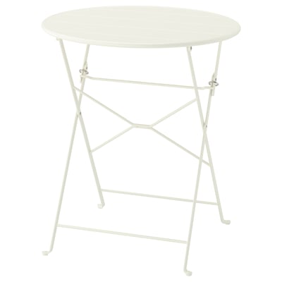 SUNDSÖ, table ronde pliante blanche, acier et plastique, design compact.