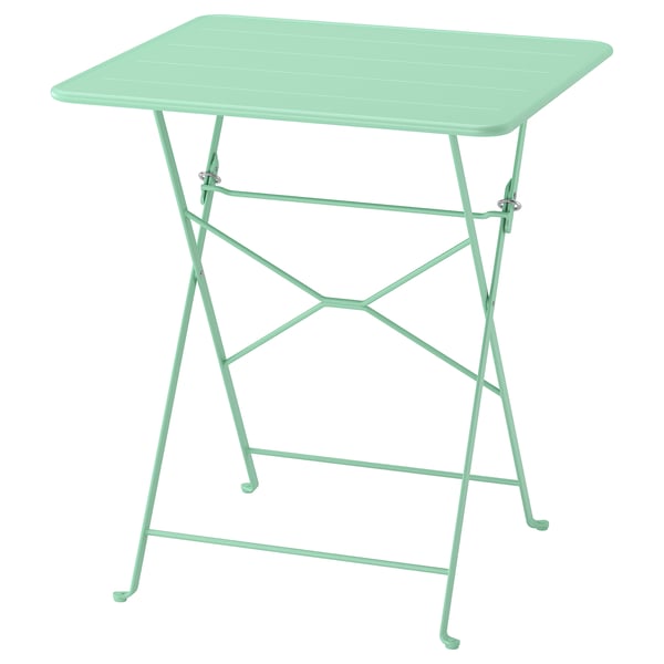 Table pliante en métal verte, rectangulaire, 2 supports, utilisation extérieur/intérieur.
