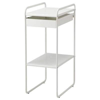 Unité de rangement en métal multi-usage SUNNERSTA blanche avec étagères et tiroir.