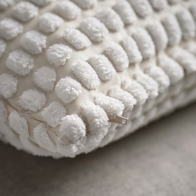Gros plan d’une housse de coussin blanche moelleuse avec un motif texturé en forme de nuage, avec un subtil détail zippé.