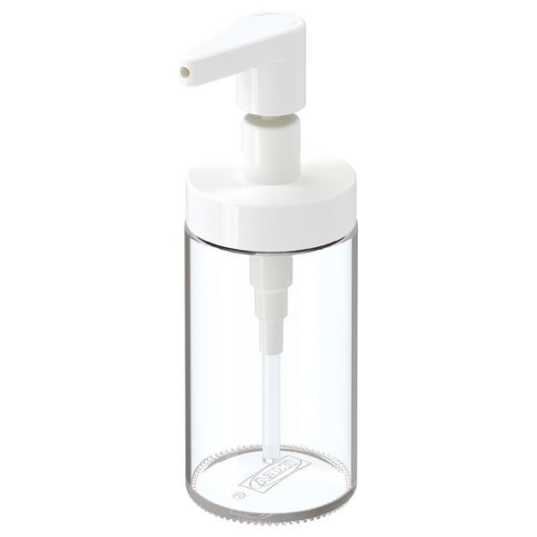 Distributeur de savon blanc TACKAN, verre transparent, pompe argentée, recharge facile.