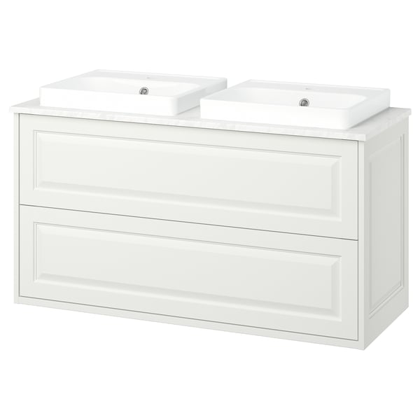 TÄNNFORSEN / ORRSJÖN Meuble lavabo avec tiroirs/vasque, blanc/blanc marbré, 122x49x71 cm