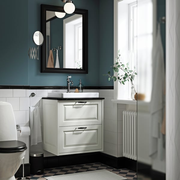TÄNNFORSEN / ORRSJÖN Meuble lavabo avec tiroirs/vasque, blanc/noir marbré, 62x49x71 cm