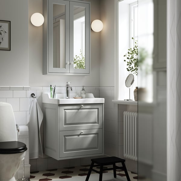 TÄNNFORSEN / RUTSJÖN Meuble lavabo avec tiroirs/vasque, gris clair, 62x49x74 cm