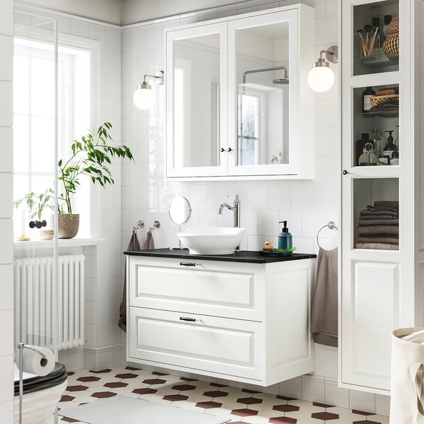 TÄNNFORSEN / VÄSTERSJÖN Meuble lavabo avec tiroirs/vasque, blanc/noir marbré, 102x49x79 cm
