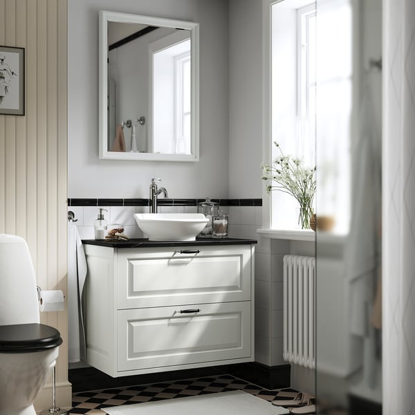 TÄNNFORSEN / VÄSTERSJÖN Meuble lavabo avec tiroirs/vasque, blanc/noir marbré, 82x49x79 cm