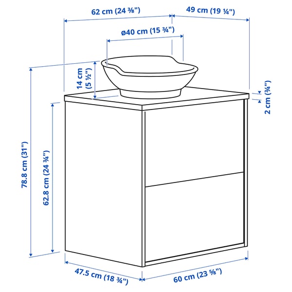 TÄNNFORSEN / VÄSTERSJÖN Meuble lavabo avec tiroirs/vasque, gris clair/blanc marbré, 62x49x79 cm