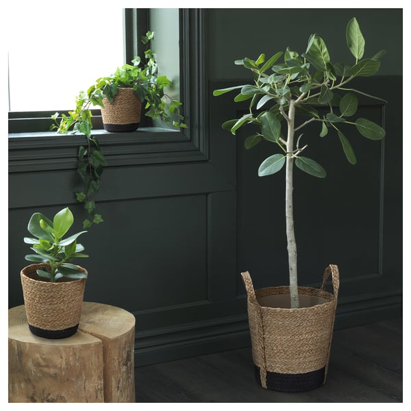 Trois pots de fleurs en jute et coton tissés contiennent des plantes vertes. Deux sont sur des supports en bois, un au sol. Fond mural vert foncé.