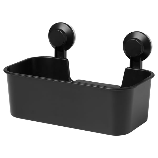Un organisateur de salle de bain TISKEN noir, rectangulaire avec deux ventouses pour le montage sur des surfaces lisses.