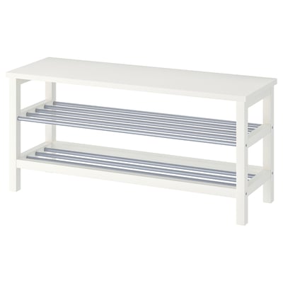 Étagère à chaussures TJUSIG blanc, bois et métal, design à deux niveaux.
