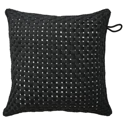 Coussin d’extérieur carré noir avec motif tissé et boucle.