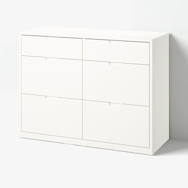 Commode TONSTAD blanche avec six tiroirs, design minimaliste.