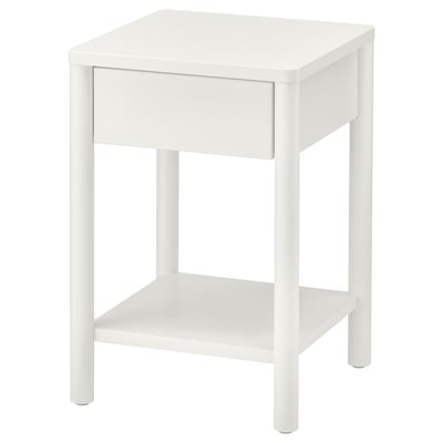 Table de chevet TONSTAD blanche avec tiroir et étagère, pieds ronds, finition blanc cassé.