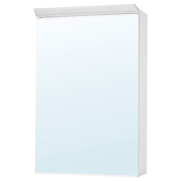 Une armoire de toilette TREASJÖN blanche avec lumières led, étagère, idéale pour l’organisation de la salle de bain.