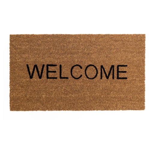 Tapis de bienvenue, fibre de coco brune, forme rectangulaire, lettres noires audacieuses.