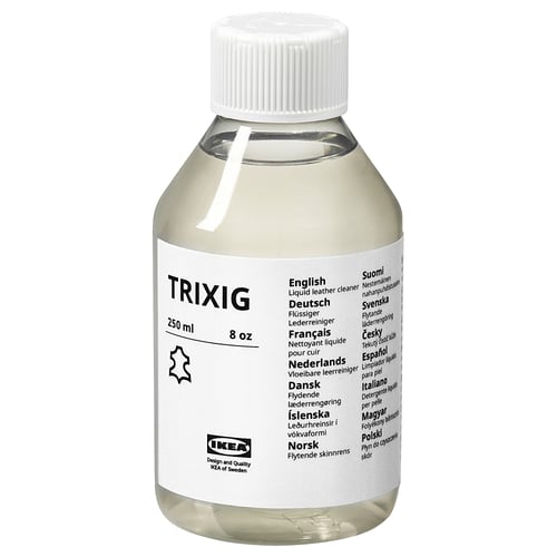 Bouteille en plastique TRIXIG avec 250ml de nettoyant pour cuir d’ikea.