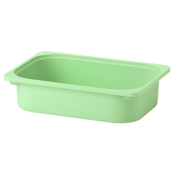 Une boîte de rangement TROFAST rectangulaire vert clair en plastique recyclé ; Convient pour tenir de petits objets.