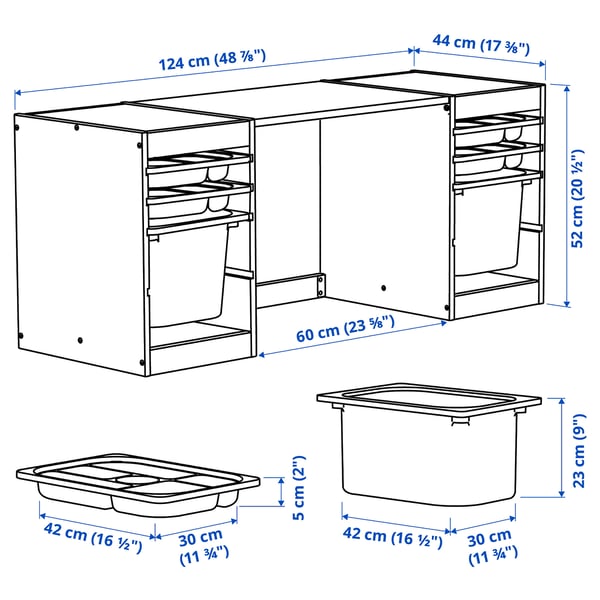 TROFAST Bureau av boîtes/plateaux rangement, pin teinté blanc clair/blanc, 124x44x52 cm