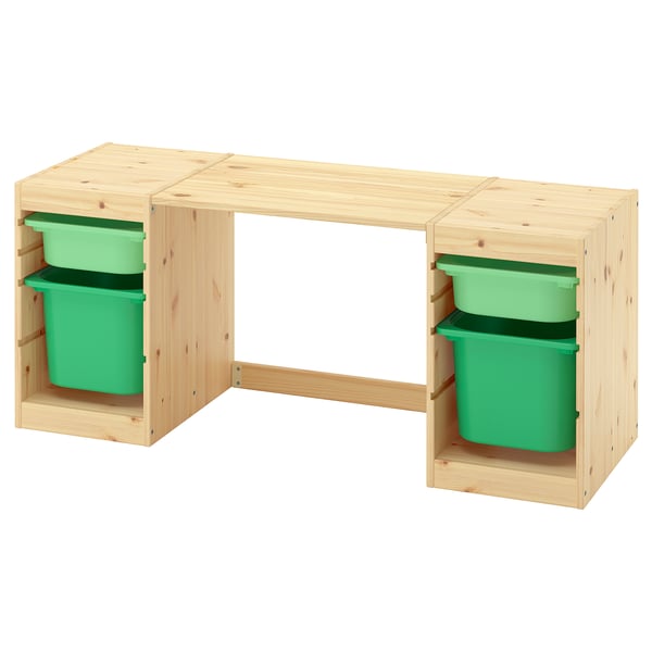 TROFAST Bureau avec boîtes de rangement, pin teinté blanc clair/vert clair vert vif, 124x44x52 cm