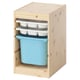 Un meuble de rangement pour enfants TROFAST en bois avec des compartiments et une poubelle en plastique bleu clair.