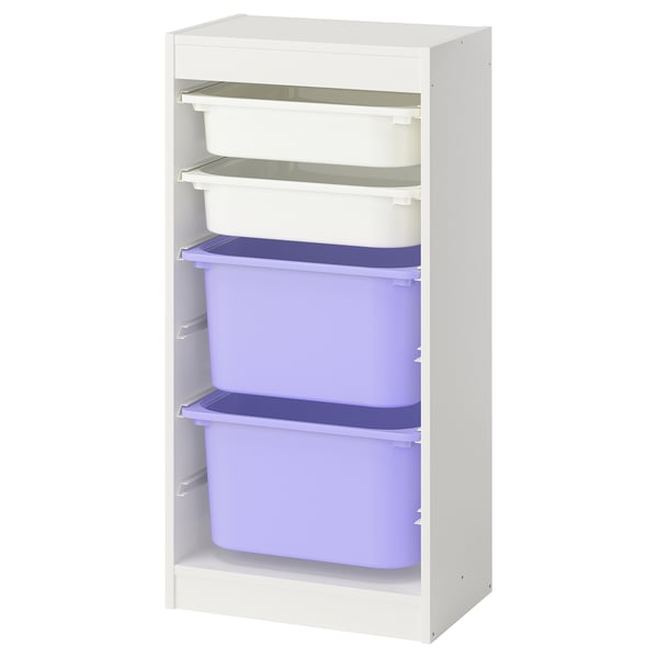 Unité de rangement TROFAST blanche avec bacs en plastique violet et transparent.