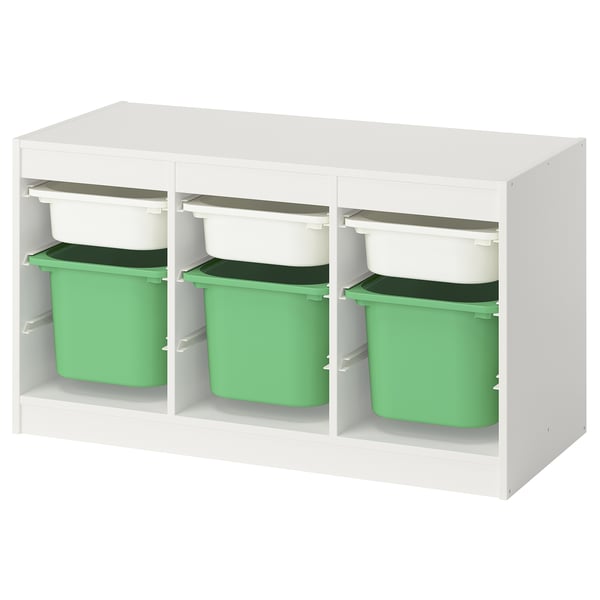 Unité de rangement TROFAST avec bacs verts et couvercle blanc, rectangulaire.