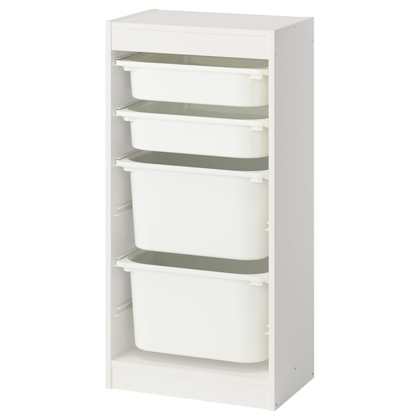 Une unité de rangement TROFAST blanche avec quatre bacs en plastique amovibles.