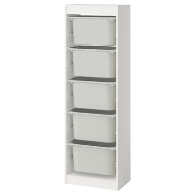 Unité de rangement TROFAST blanche avec cinq bacs en plastique de forme rectangulaire blanche, pour l’organisation des articles.