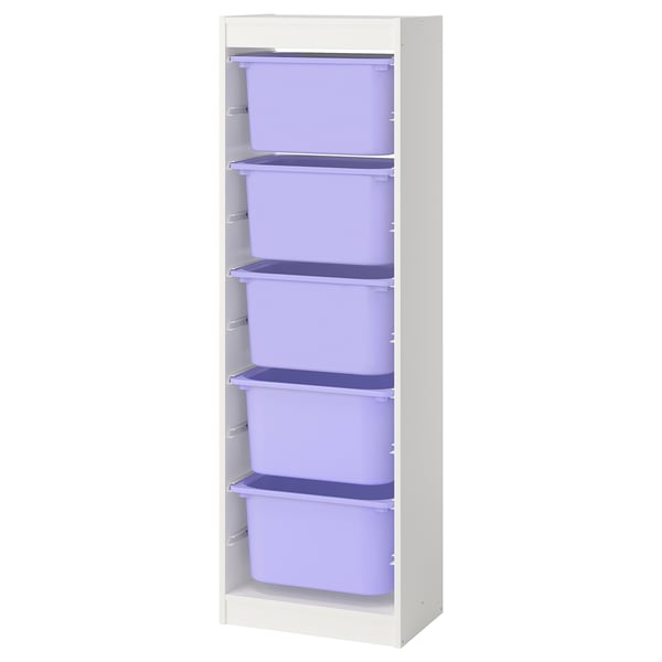 Rangement TROFAST blanc avec boîtes violettes, étagères verticales et réglables.