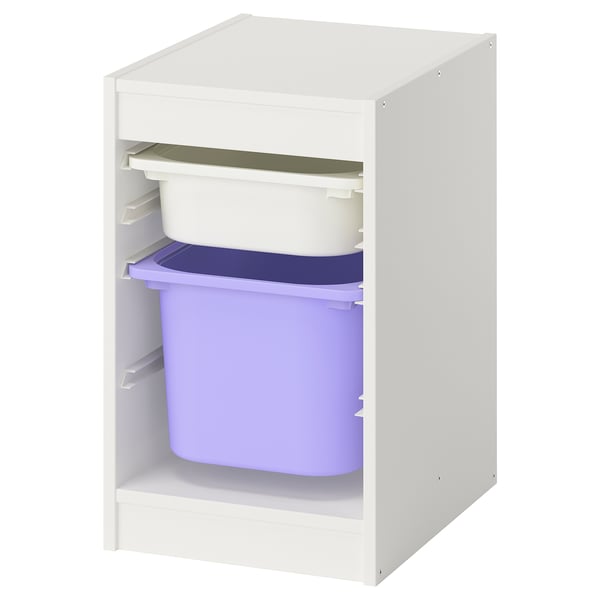 Unité de rangement Ikea TROFAST, blanche, avec bacs en plastique violet et bleu, forme rectangulaire, design ouvert sur le devant.