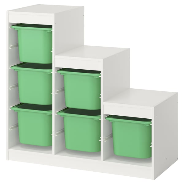 Unité TROFAST blanche avec bacs verts, parfaite pour le rangement des jouets des enfants.