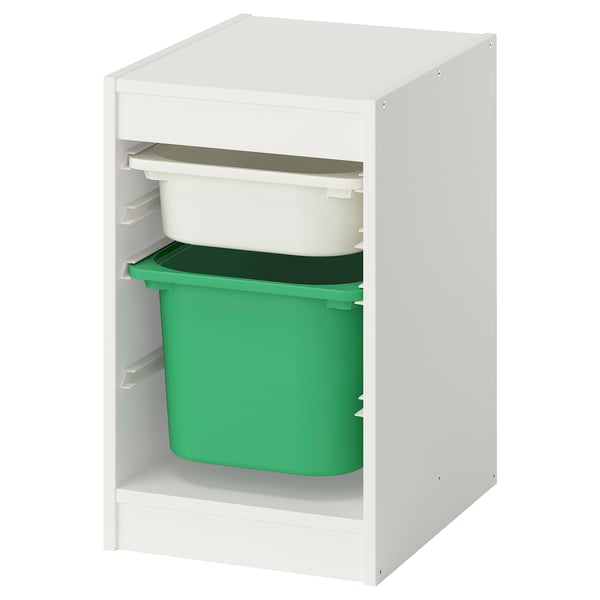 Une unité de stockage TROFAST blanche avec des conteneurs en plastique vert et blanc.