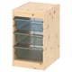 Un meuble de rangement TROFAST avec extérieur en bois et tiroirs en maille bleue.