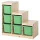 Set TROFAST en bois avec bacs verts, empilés sur trois niveaux.