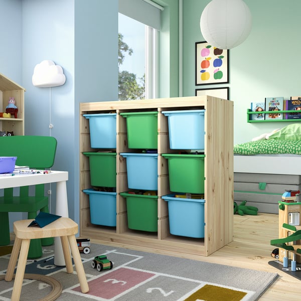 TROFAST Combinaison structure + bacs, séparateur de pièce pin teinté blanc clair/bleu clair vert vif, 93x44x91 cm