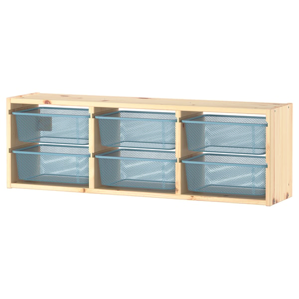 Étagère TROFAST avec 4 boîtes en maille bleue, bois de pin clair, design moderne.