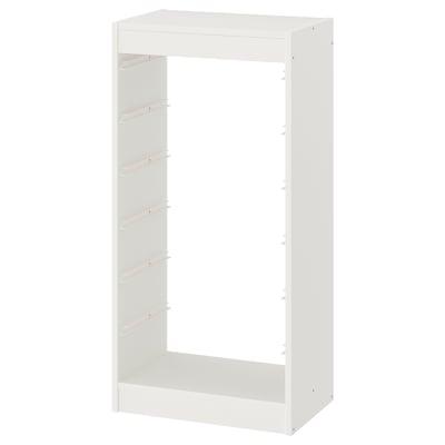 Un cadre de rangement TROFAST blanc, rectangulaire, avec plusieurs fentes d’étagère réglables.