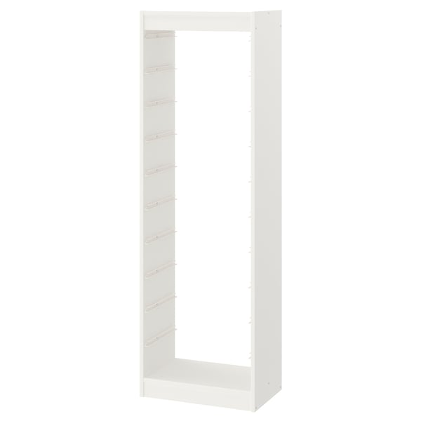 Un cadre TROFAST blanc, rectangulaire, fabriqué en panneaux de particules avec bordure en plastique. Il s’agit d’une unité haute conçue pour le stockage vertical.