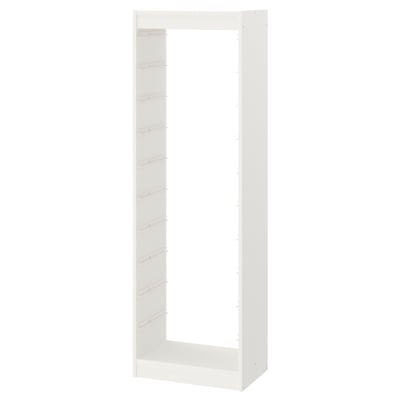Un cadre TROFAST blanc, rectangulaire, fabriqué en panneaux de particules avec bordure en plastique. Il s’agit d’une unité haute conçue pour le stockage vertical.