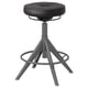 Tabouret rond rembourré noir avec base de trépied en métal, hauteur réglable.