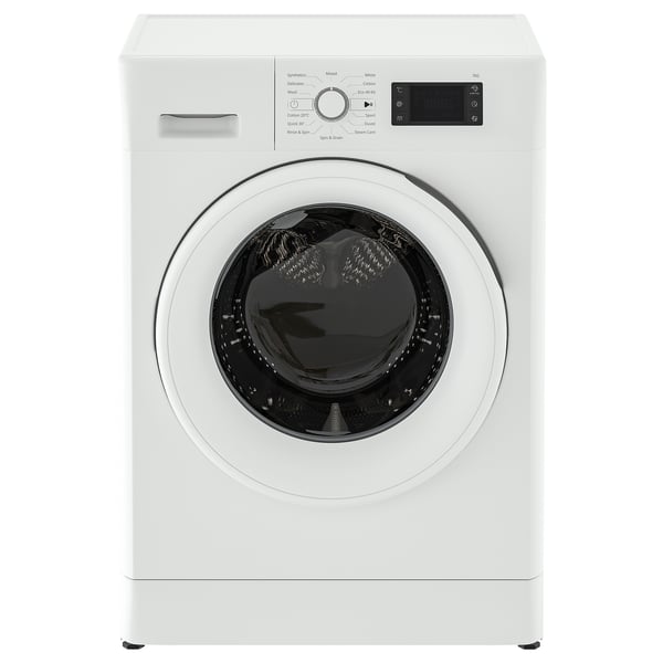 Une machine à laver à chargement frontal UDDARP blanche avec un panneau de commande numérique et un tambour prêt pour la lessive.