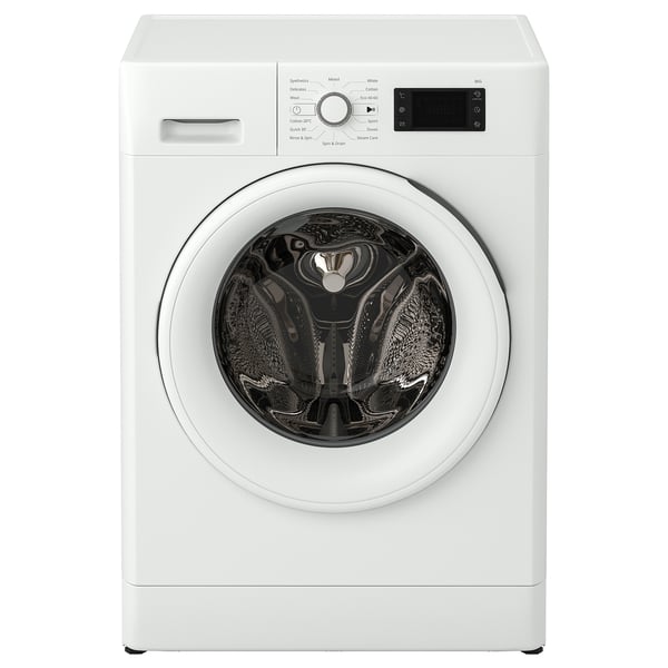 Lave-linge UDDARP blanc, façade élégante et arrondie, affichage numérique.