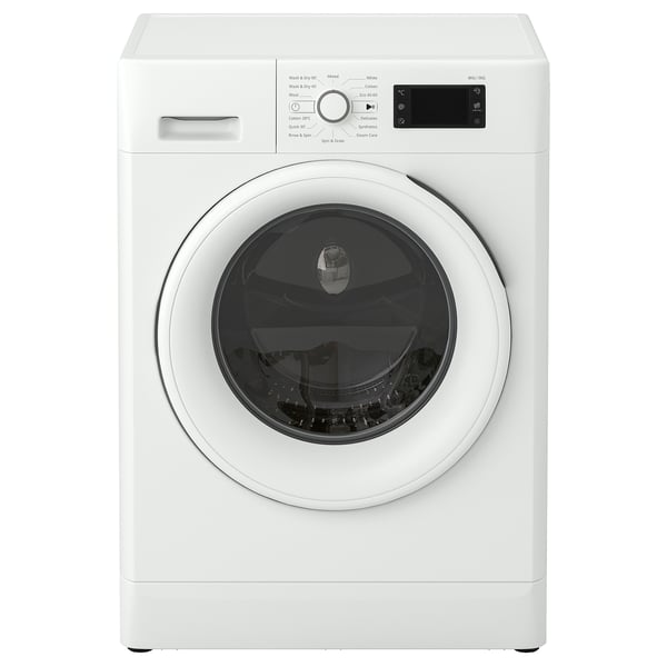 Combo lave-linge et sèche-linge à chargement frontal. Design blanc et élégant avec panneau de commande et grande porte vitrée.