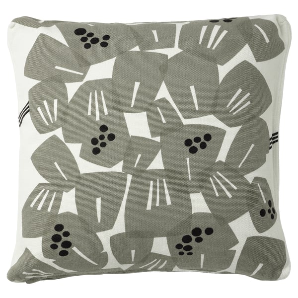 Housse de coussin blanc/vert clair - carré, coton/jute, coins en boîte, fermeture éclair, motif feuille