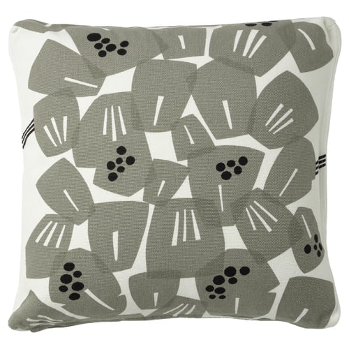 Housse de coussin blanc/vert clair - carré, coton/jute, coins en boîte, fermeture éclair, motif feuille