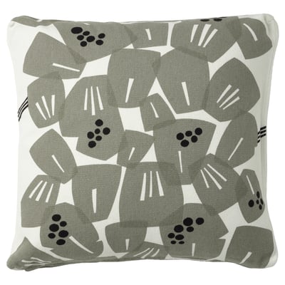Housse de coussin blanc/vert clair - carré, coton/jute, coins en boîte, fermeture éclair, motif feuille