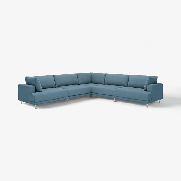 Canapé sectionnel en forme de U bleu moderne avec un design élégant et pieds métalliques.