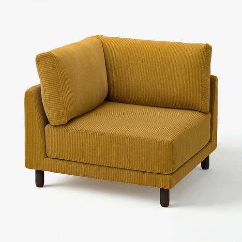 Canapé d’angle UPPÅKRA jaune moutarde moderne avec tissu texturé, pieds en bois foncé, design confortable.