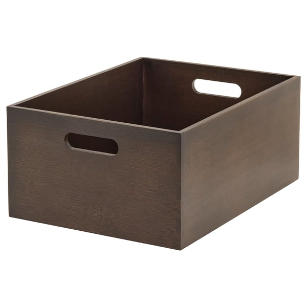 Boîte de rangement en bambou brun foncé avec poignées pour un transport facile, parfaite pour la cuisine ou la salle de bain.